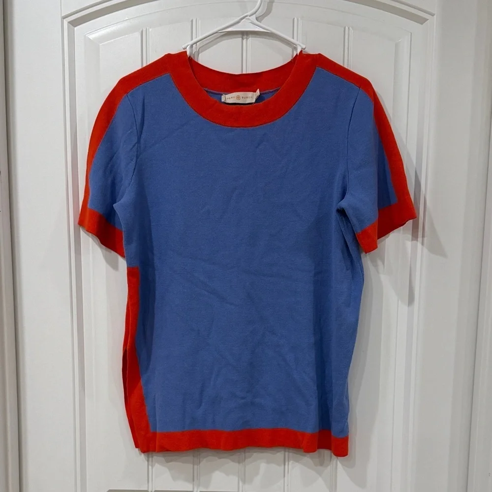 EUC Tory Burch Light Blue Short Sleeve Sweater with Orange Trim